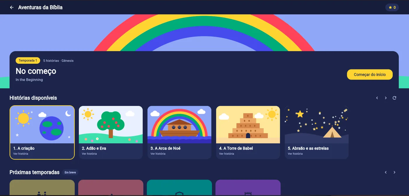 Tela Aventuras da Bíblia do app Bibliko, com as 5 histórias da Temporada 1