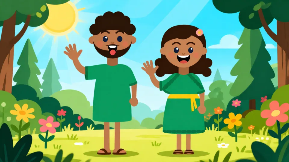 Cena do clipe Deus me ama: Adão e Eva acenando no jardim